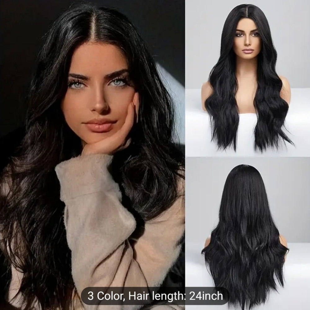 24 Inch Long Black Wig Middle Part For Women Natural Synthetic Hair